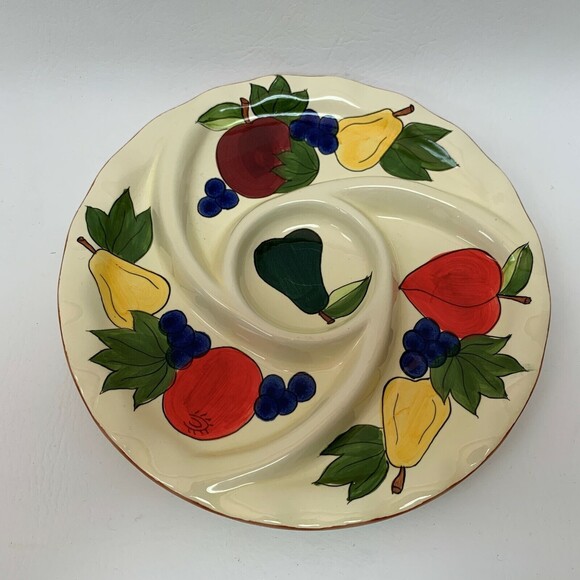 Chip & Dip 10" Divided Dish Plate w/ Fruits Apple Grapes Pear Yellow Green Serve - Picture 4 of 4